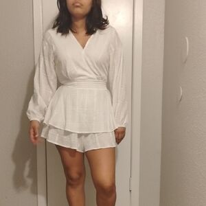 White Long Sleeve Wrap Top and Shorts Set